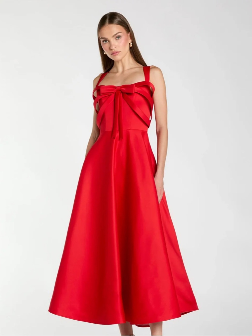 New! Mac Duggal Red Satin A Line Midi Dress